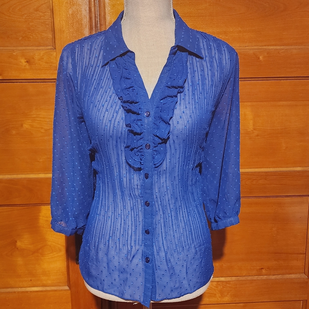Cobalt blue ruffle sheer blouse